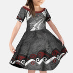 New Zealand Weka Personalised Kid Short Sleeve Dress Aotearoa Hen Silver Fern Maori Pattern