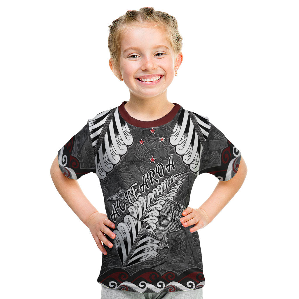 New Zealand Weka Personalised Kid T Shirt Aotearoa Hen Silver Fern Maori Pattern