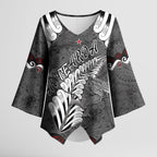 New Zealand Weka Personalised Kimono Sleeve Blouse Aotearoa Hen Silver Fern Maori Pattern