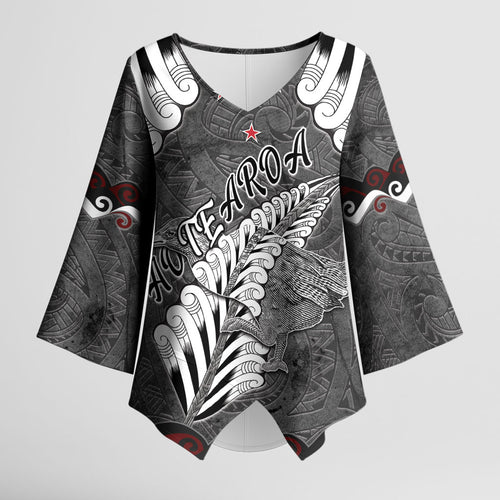 New Zealand Weka Personalised Kimono Sleeve Blouse Aotearoa Hen Silver Fern Maori Pattern