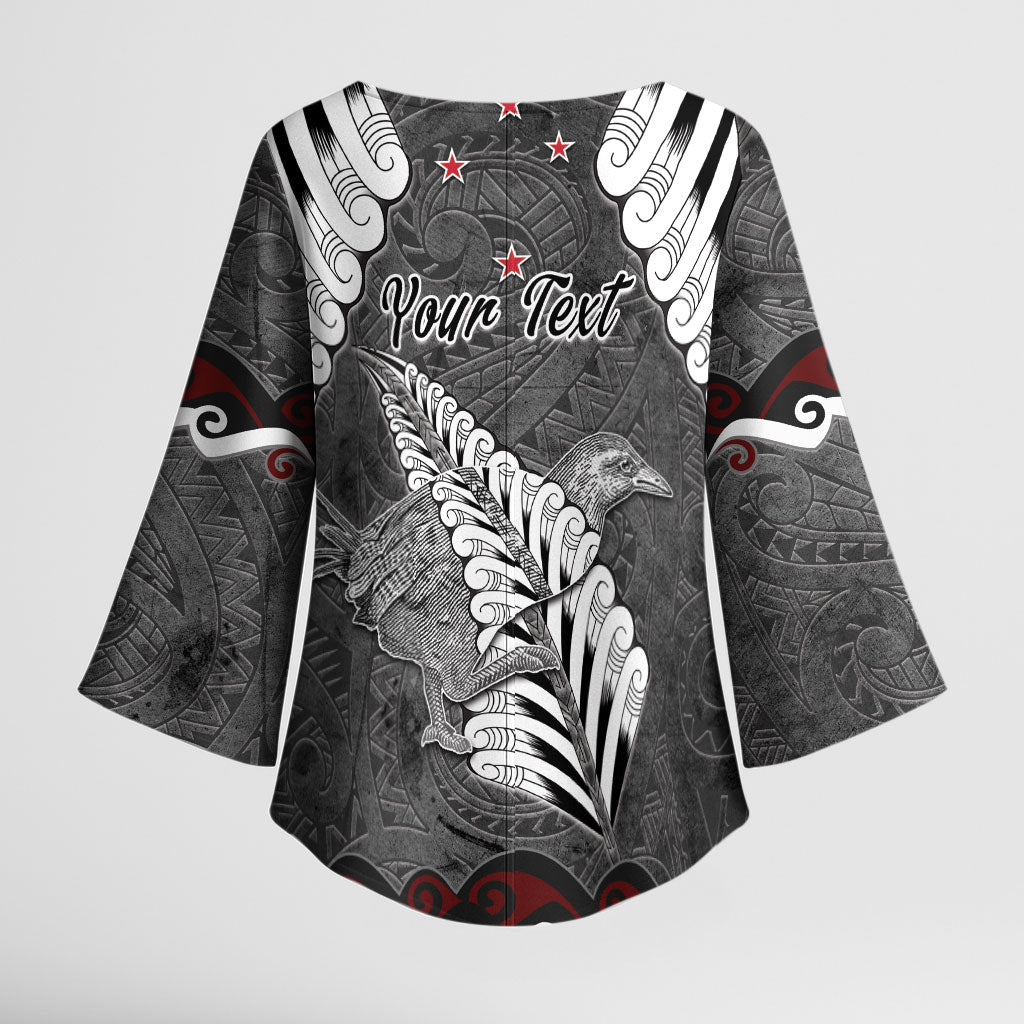 New Zealand Weka Personalised Kimono Sleeve Blouse Aotearoa Hen Silver Fern Maori Pattern