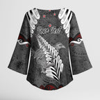 New Zealand Weka Personalised Kimono Sleeve Blouse Aotearoa Hen Silver Fern Maori Pattern