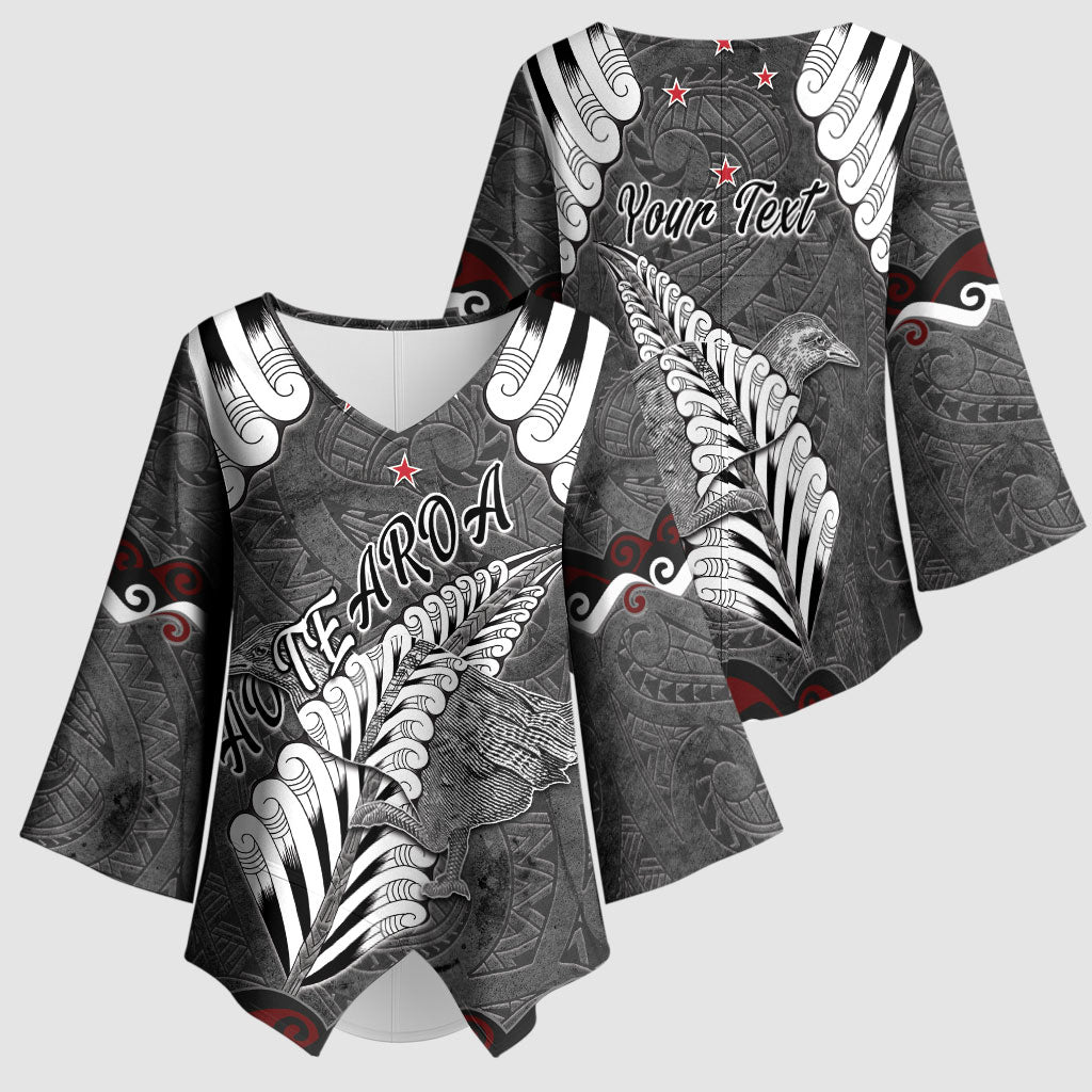 New Zealand Weka Personalised Kimono Sleeve Blouse Aotearoa Hen Silver Fern Maori Pattern