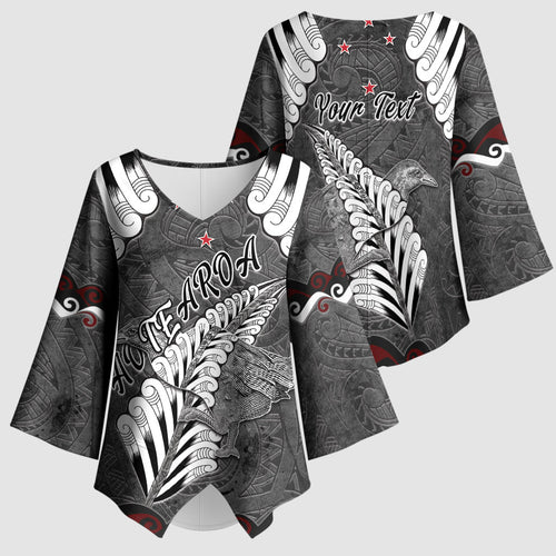 New Zealand Weka Personalised Kimono Sleeve Blouse Aotearoa Hen Silver Fern Maori Pattern