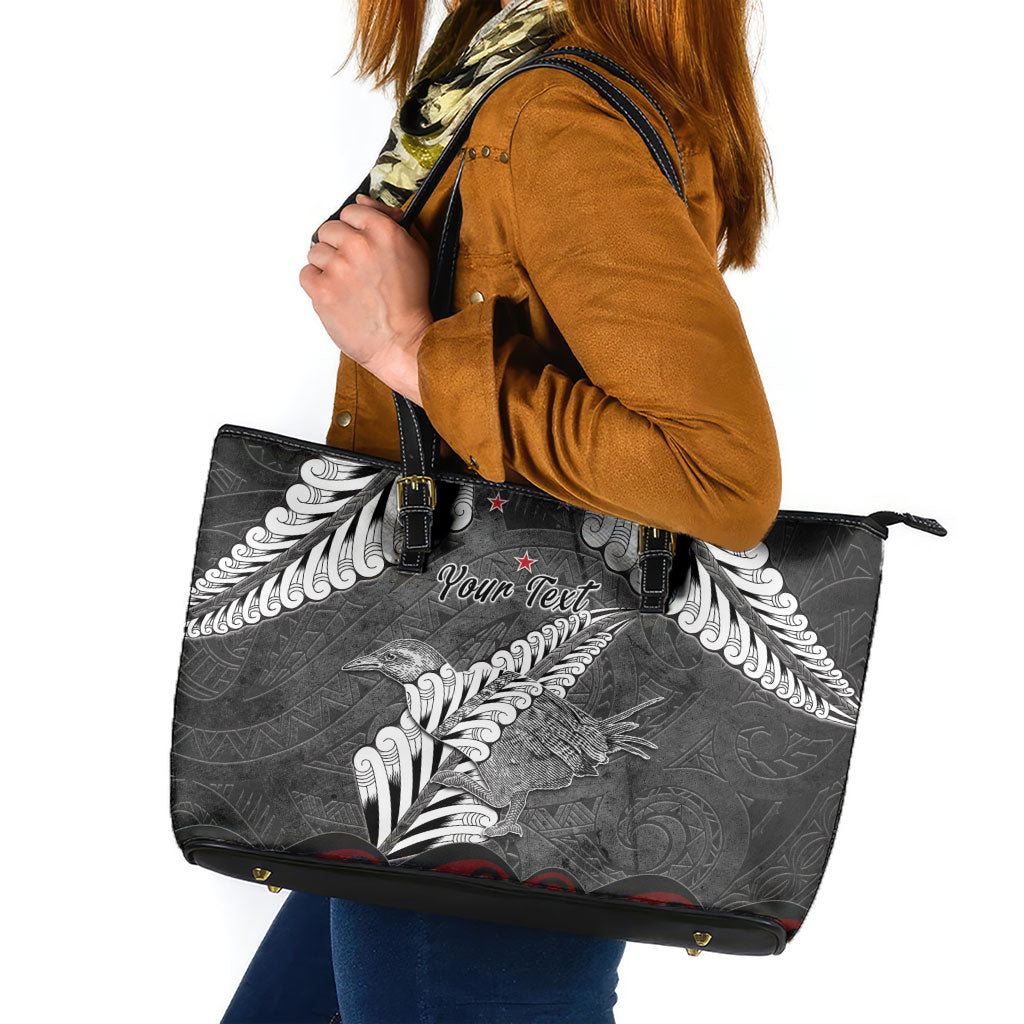 New Zealand Weka Personalised Leather Tote Bag Aotearoa Hen Silver Fern Maori Pattern