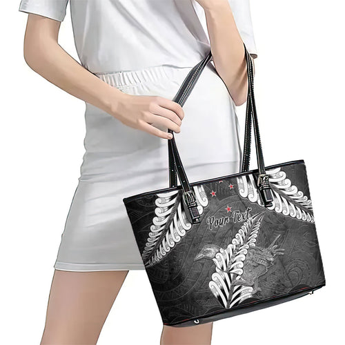 New Zealand Weka Personalised Leather Tote Bag Aotearoa Hen Silver Fern Maori Pattern