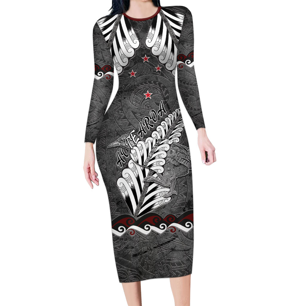 New Zealand Weka Personalised Long Sleeve Bodycon Dress Aotearoa Hen Silver Fern Maori Pattern
