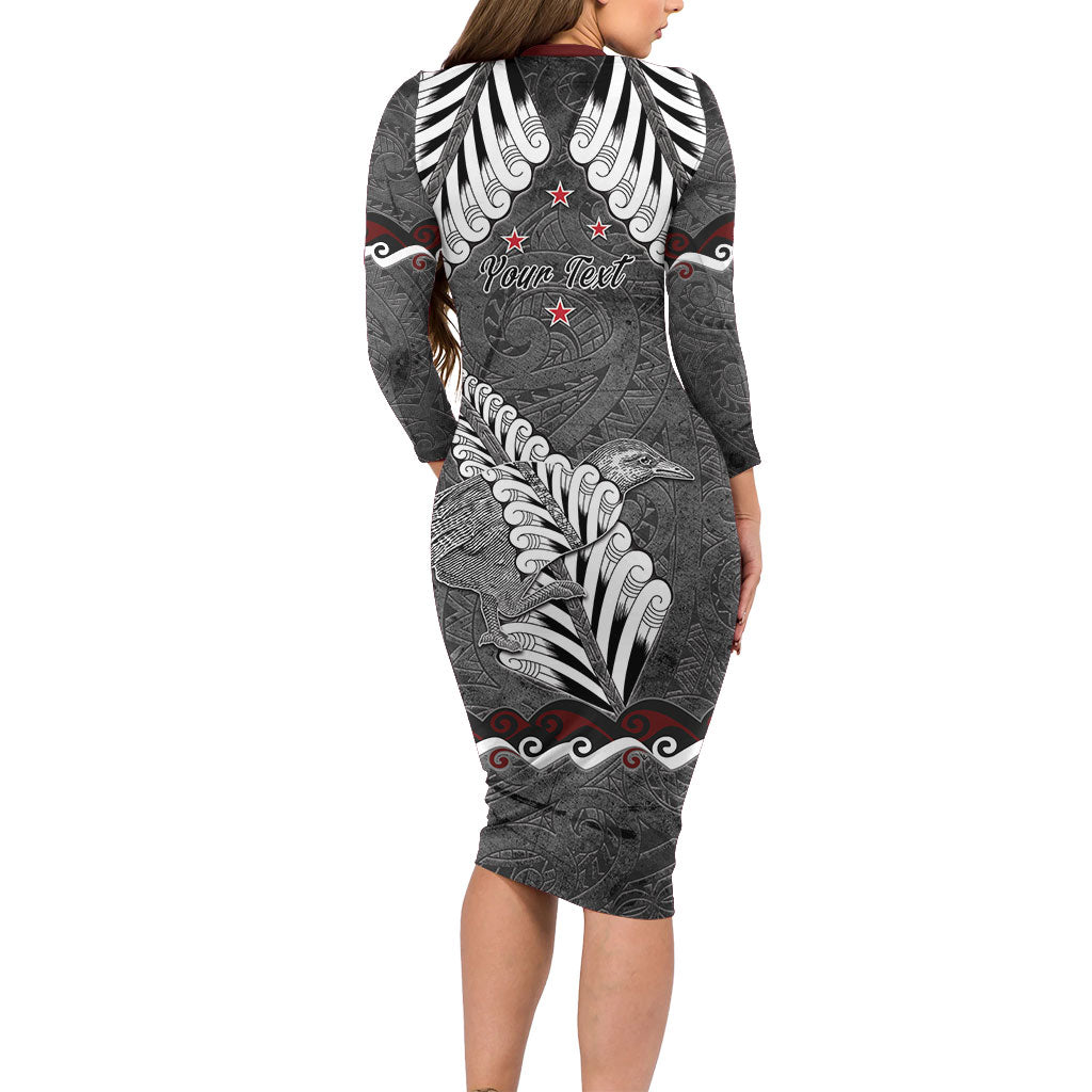 New Zealand Weka Personalised Long Sleeve Bodycon Dress Aotearoa Hen Silver Fern Maori Pattern