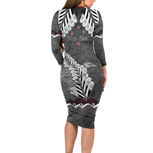 New Zealand Weka Personalised Long Sleeve Bodycon Dress Aotearoa Hen Silver Fern Maori Pattern