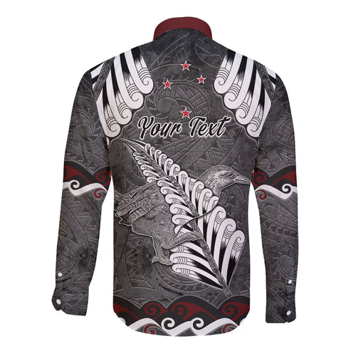 New Zealand Weka Personalised Long Sleeve Button Shirt Aotearoa Hen Silver Fern Maori Pattern