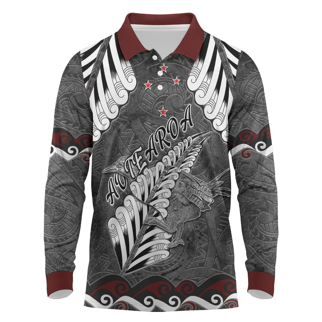 New Zealand Weka Personalised Long Sleeve Polo Shirt Aotearoa Hen Silver Fern Maori Pattern