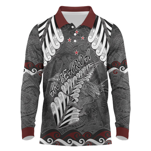 New Zealand Weka Personalised Long Sleeve Polo Shirt Aotearoa Hen Silver Fern Maori Pattern