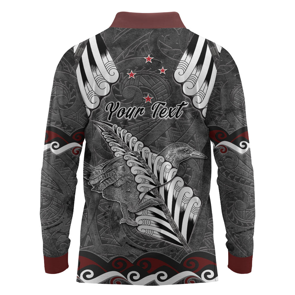 New Zealand Weka Personalised Long Sleeve Polo Shirt Aotearoa Hen Silver Fern Maori Pattern