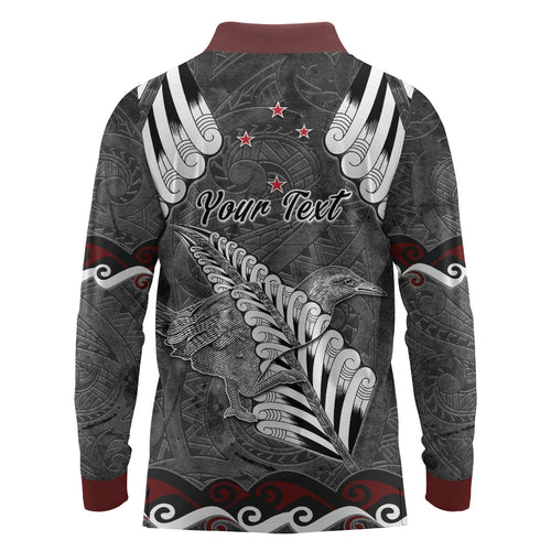 New Zealand Weka Personalised Long Sleeve Polo Shirt Aotearoa Hen Silver Fern Maori Pattern