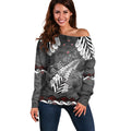 New Zealand Weka Personalised Off Shoulder Sweater Aotearoa Hen Silver Fern Maori Pattern