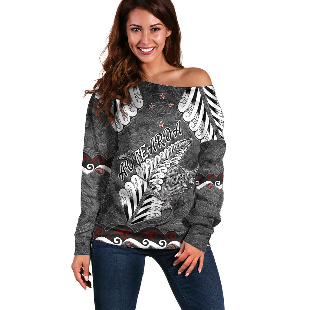 New Zealand Weka Personalised Off Shoulder Sweater Aotearoa Hen Silver Fern Maori Pattern