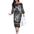 New Zealand Weka Personalised Off The Shoulder Long Sleeve Dress Aotearoa Hen Silver Fern Maori Pattern