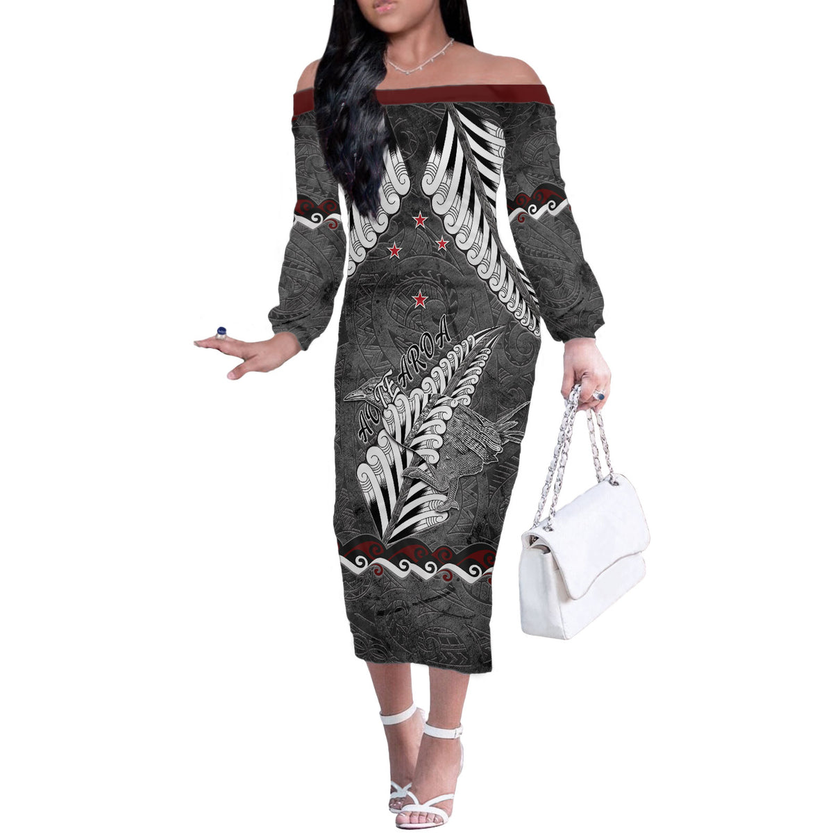 New Zealand Weka Personalised Off The Shoulder Long Sleeve Dress Aotearoa Hen Silver Fern Maori Pattern