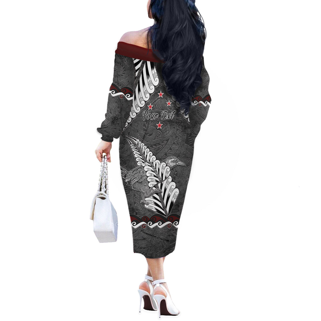 New Zealand Weka Personalised Off The Shoulder Long Sleeve Dress Aotearoa Hen Silver Fern Maori Pattern