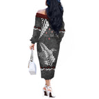 New Zealand Weka Personalised Off The Shoulder Long Sleeve Dress Aotearoa Hen Silver Fern Maori Pattern