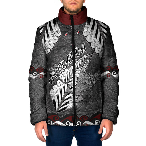 New Zealand Weka Personalised Padded Jacket Aotearoa Hen Silver Fern Maori Pattern