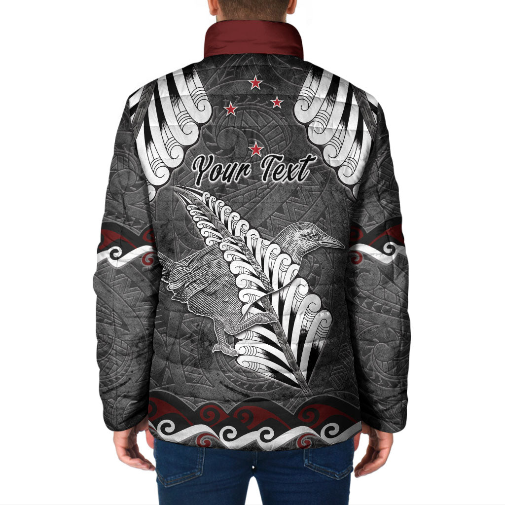 New Zealand Weka Personalised Padded Jacket Aotearoa Hen Silver Fern Maori Pattern