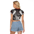 New Zealand Weka Personalised Raglan Cropped T Shirt Aotearoa Hen Silver Fern Maori Pattern