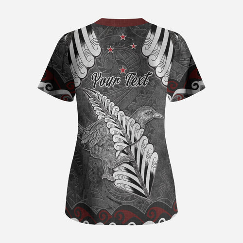 New Zealand Weka Personalised Scrub Top Aotearoa Hen Silver Fern Maori Pattern