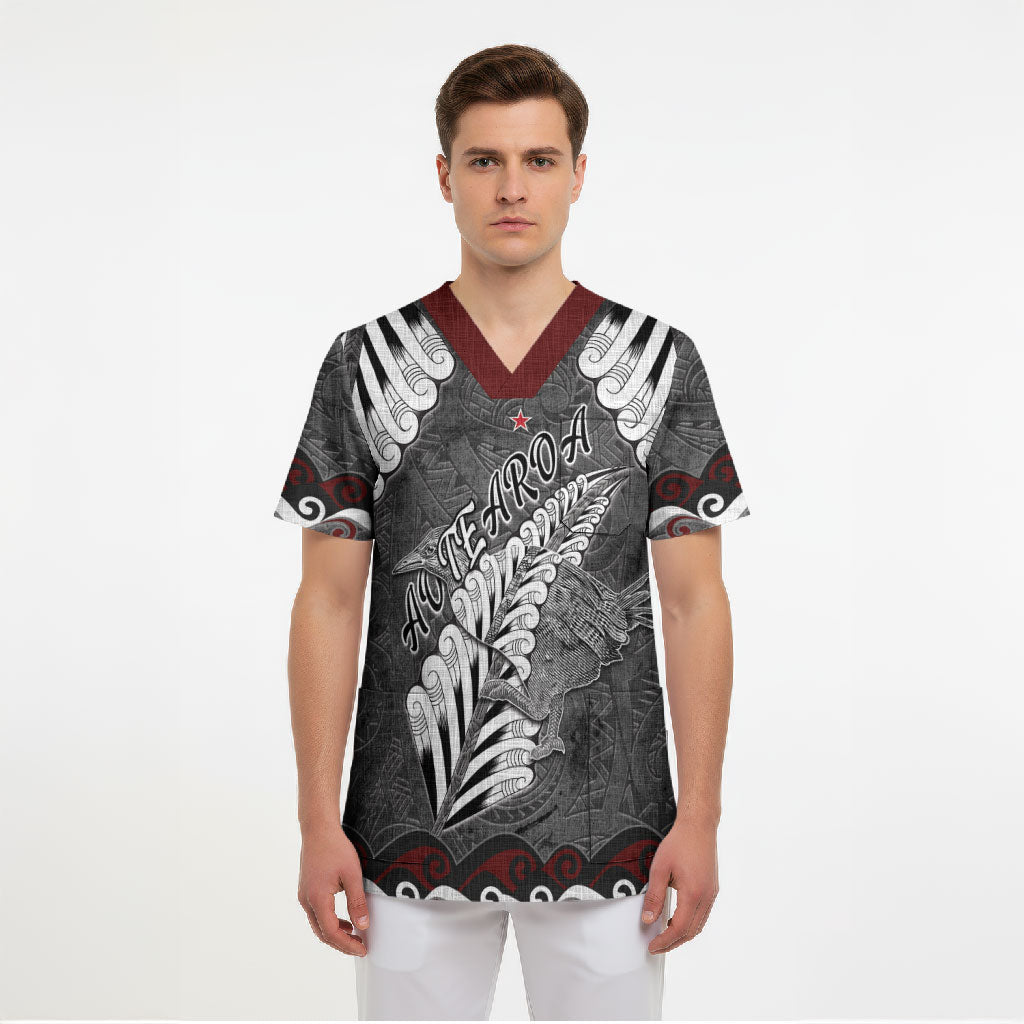New Zealand Weka Personalised Scrub Top Aotearoa Hen Silver Fern Maori Pattern