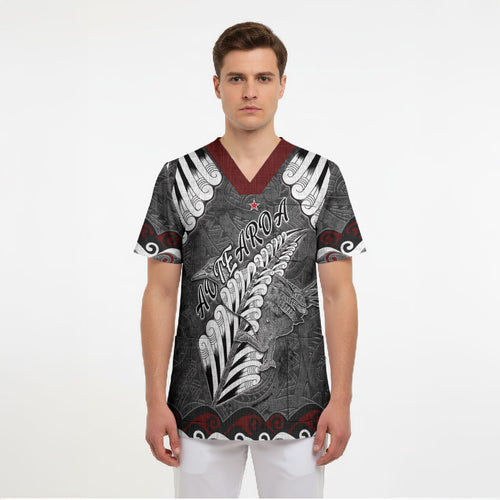 New Zealand Weka Personalised Scrub Top Aotearoa Hen Silver Fern Maori Pattern