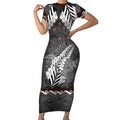 New Zealand Weka Personalised Short Sleeve Bodycon Dress Aotearoa Hen Silver Fern Maori Pattern