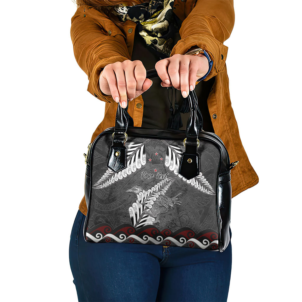 New Zealand Weka Personalised Shoulder Handbag Aotearoa Hen Silver Fern Maori Pattern