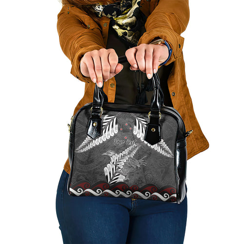New Zealand Weka Personalised Shoulder Handbag Aotearoa Hen Silver Fern Maori Pattern