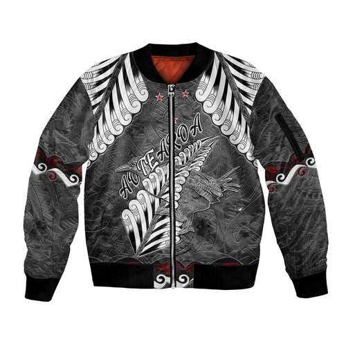 New Zealand Weka Personalised Sleeve Zip Bomber Jacket Aotearoa Hen Silver Fern Maori Pattern