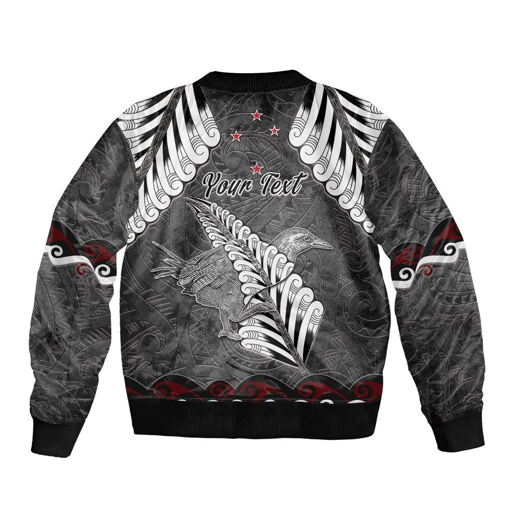 New Zealand Weka Personalised Sleeve Zip Bomber Jacket Aotearoa Hen Silver Fern Maori Pattern