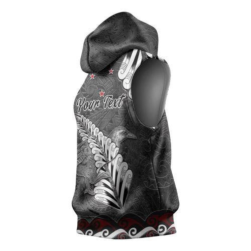 New Zealand Weka Personalised Sleeveless Hoodie Aotearoa Hen Silver Fern Maori Pattern