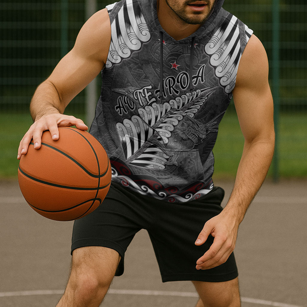 New Zealand Weka Personalised Sleeveless Hoodie Aotearoa Hen Silver Fern Maori Pattern