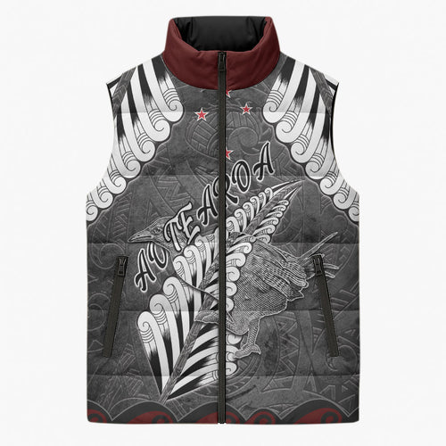 New Zealand Weka Personalised Sleeveless Puffer Jacket Aotearoa Hen Silver Fern Maori Pattern