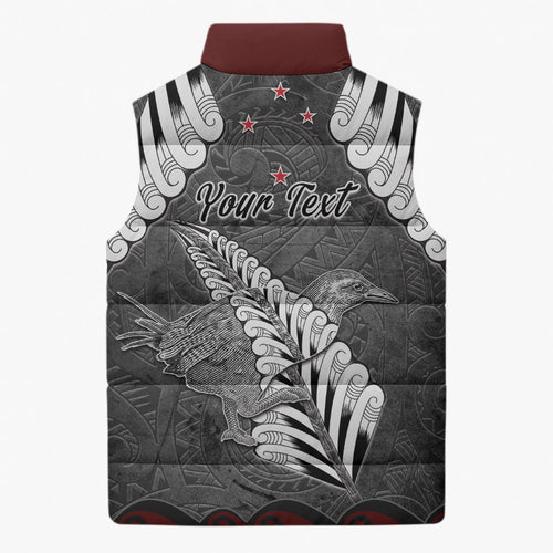 New Zealand Weka Personalised Sleeveless Puffer Jacket Aotearoa Hen Silver Fern Maori Pattern