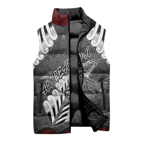 New Zealand Weka Personalised Sleeveless Puffer Jacket Aotearoa Hen Silver Fern Maori Pattern