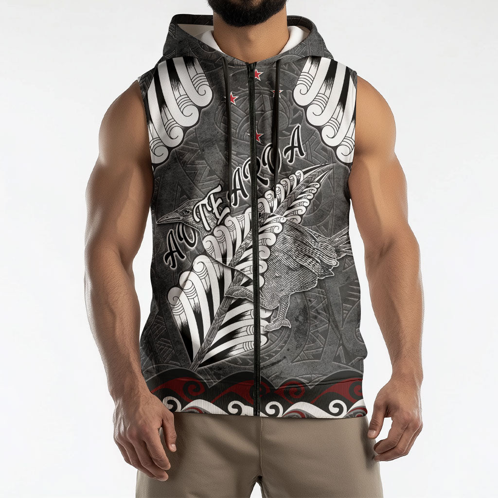 New Zealand Weka Personalised Sleeveless Zip Hoodie Aotearoa Hen Silver Fern Maori Pattern