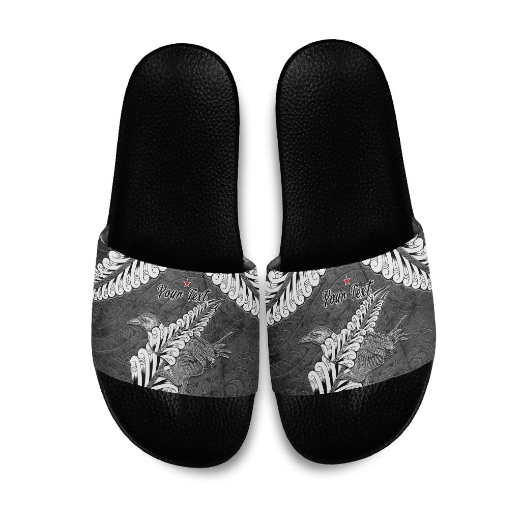 New Zealand Weka Personalised Slide Sandals Aotearoa Hen Silver Fern Maori Pattern