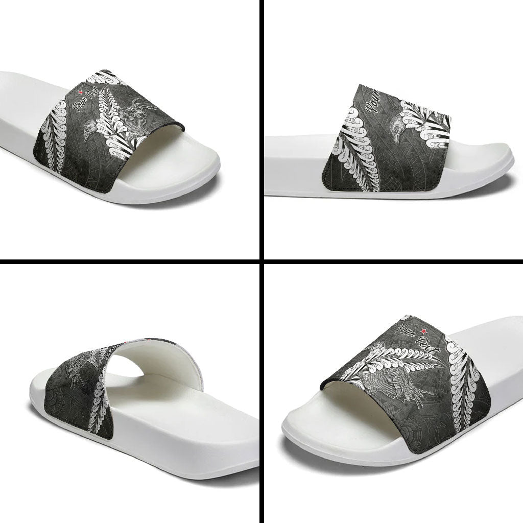 New Zealand Weka Personalised Slide Sandals Aotearoa Hen Silver Fern Maori Pattern
