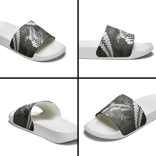 New Zealand Weka Personalised Slide Sandals Aotearoa Hen Silver Fern Maori Pattern