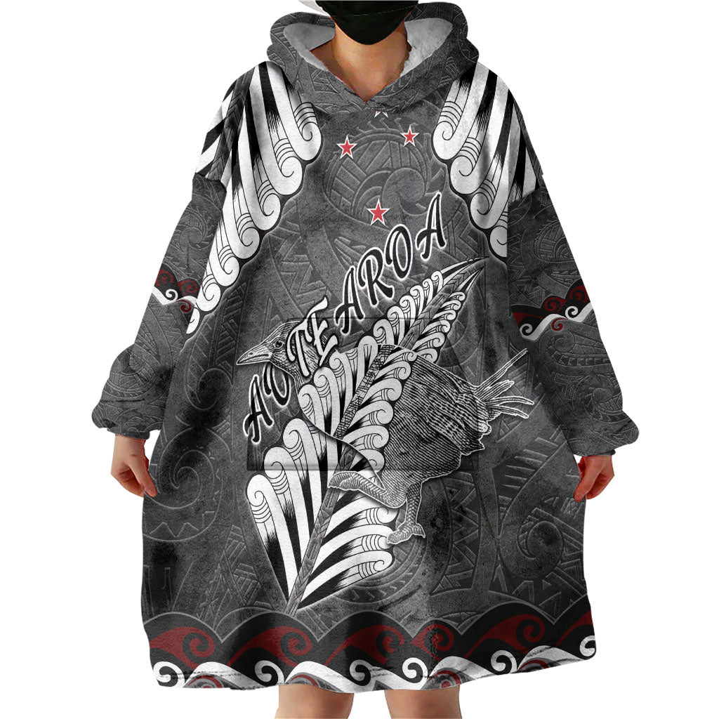 New Zealand Weka Personalised Wearable Blanket Hoodie Aotearoa Hen Silver Fern Maori Pattern