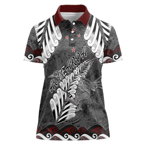 New Zealand Weka Personalised Women Polo Shirt Aotearoa Hen Silver Fern Maori Pattern