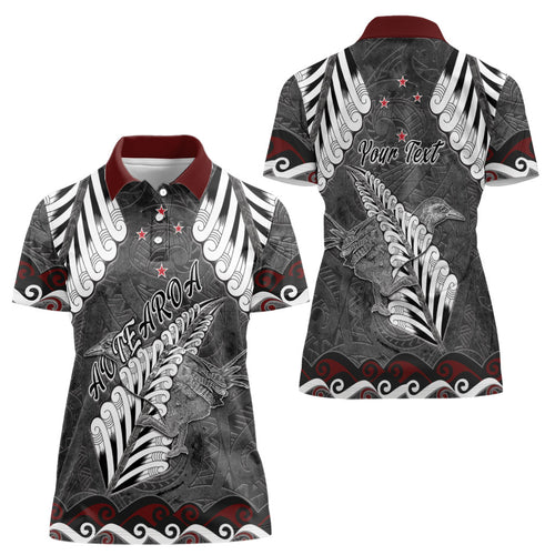 New Zealand Weka Personalised Women Polo Shirt Aotearoa Hen Silver Fern Maori Pattern