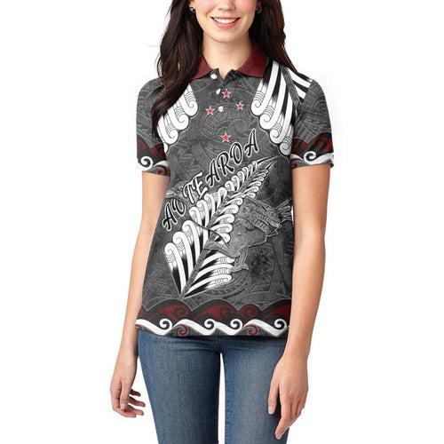 New Zealand Weka Personalised Women Polo Shirt Aotearoa Hen Silver Fern Maori Pattern