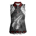 New Zealand Weka Personalised Women Sleeveless Polo Shirt Aotearoa Hen Silver Fern Maori Pattern