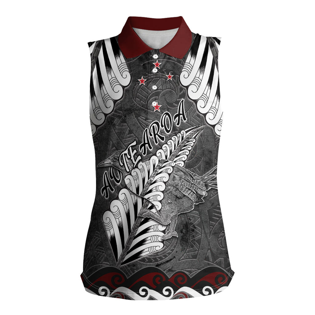 New Zealand Weka Personalised Women Sleeveless Polo Shirt Aotearoa Hen Silver Fern Maori Pattern